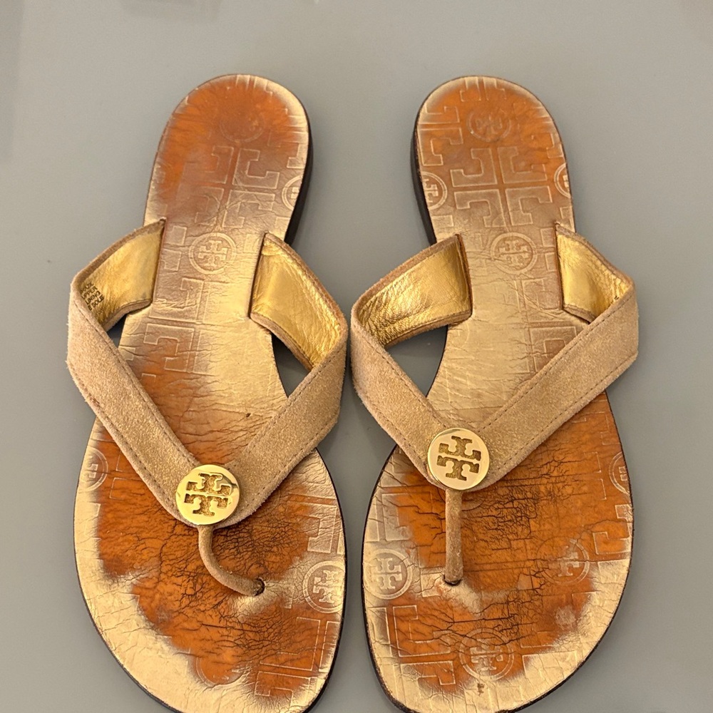 Tory Burch Metallic Gold and Tan Sandals
